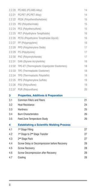 ii
2.2.20	 PC/ABS (PC/ABS Alloy)	 14
2.2.21	 PC/PET (PC/PET Alloy)	 14
2.2.22	 PEEK (Polyetheretherketone)	 15
2.2.23	 PEI (Polyetherimide)	 15
2.2.24	 PES (Polyethersulfone)	 15
2.2.25	 PET (Polyethylene Terepthalate)	 16
2.2.26	 PETG (Polyethylene Terepthalate Glycol)	 16
2.2.27	 PP (Polypropylene)	 16
2.2.28	 PPO (Polyphenylene Oxide)	 17
2.2.29	 PS (Polystyrene)	 17
2.2.30	 PVC (Polyvinylchloride)	 17
2.2.31	 SAN (Styrene Acrylonitrile)	 18
2.2.32	 TPC-ET (Thermoplastic Copolyester Elastomers)	 18
2.2.33	 TPE (Thermoplastic Elastomer)	 18
2.2.34	 TPO (Thermoplastic Polyolefin)	 19
2.2.35	 PPS (Polyphenylene Sulfide)	 19
2.2.36	 PSU (Polysulfone)	 19
2.2.37	 PUR (Polyurethane)	 20
3	 Properties, Additives & Preparation
3.1	 Common Fillers and Fibers	 21
3.2	 Heat Resistance	 24
3.3	Hardness	 25
3.4	 Burn Characteristics	 26
3.5	 Feed Zone Temperature Study	 26
4	 Establishing a Scientific Molding Process
4.1	1st
Stage Filling	 27
4.2	1st
Stage to 2nd
Stage Transfer	 27
4.3	2nd
Stage Pack	 27
4.4	 Screw Delay or Decompression before Recovery	 28
4.5	 Screw Recovery	 28
4.6	 Screw Decompression after Recovery	 28
4.7	Cooling	 28
 