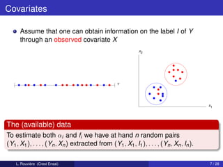 Covariates

      Assume that one can obtain information on the label I of Y
      through an observed covariate X
                                                             X2




                                                   Y




                                                                                          X1




The (available) data
To estimate both αi and fi we have at hand n random pairs
(Y1 , X1 ), . . . , (Yn , Xn ) extracted from (Y1 , X1 , I1 ), . . . , (Yn , Xn , In ).

    L. Rouvière (Crest Ensai)                                                             7 / 28
 