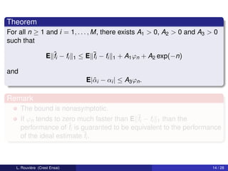 Theorem
For all n ≥ 1 and i = 1, . . . , M, there exists A1 > 0, A2 > 0 and A3 > 0
such that

                    E ˆi − fi
                      f         1   ≤ E ¯i − fi
                                        f         1   + A1 ϕn + A2 exp(−n)

and
                                      E|ˆ i − αi | ≤ A3 ϕn .
                                        α

Remark
      The bound is nonasymptotic.
      If ϕn tends to zero much faster than E ¯i − fi 1 than the
                                             f
      performance of ˆi is guaranted to be equivalent to the performance
                       f
      of the ideal estimate ¯i .
                            f



   L. Rouvière (Crest Ensai)                                                 14 / 28
 