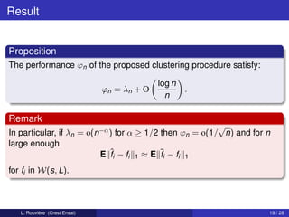 Result


Proposition
The performance ϕn of the proposed clustering procedure satisfy:

                                             log n
                               ϕn = λn + O           .
                                               n

Remark
                                                         √
In particular, if λn = o(n−α ) for α ≥ 1/2 then ϕn = o(1/ n) and for n
large enough
                          E ˆi − fi 1 ≈ E ¯i − fi 1
                             f             f
for fi in W(s, L).



   L. Rouvière (Crest Ensai)                                         19 / 28
 