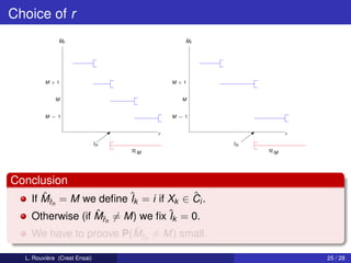 Choice of r
              ˆ
              Mr                                   ˆ
                                                   Mr




         M +1                                   M +1


             M                                    M


         M −1                                   M −1


                                            r                     r

                              ˆn
                              r                         ˆn
                                                        r
                                       RM                    RM




Conclusion
       ˆr               I              ˆ
    If Mˆn = M we deﬁne ˆk = i if Xk ∈ Ci .
    Otherwise (if Mˆ = M) we ﬁx ˆk = 0.
                  ˆr              In
                        ˆr
    We have to proove P(Mˆn = M) small.

  L. Rouvière (Crest Ensai)                                           25 / 28
 