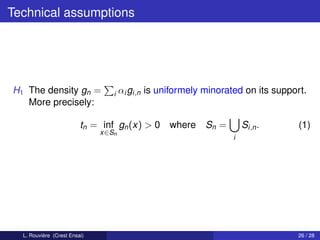 Technical assumptions




H1 The density gn =              i   αi gi,n is uniformely minorated on its support.
   More precisely:

                         tn = inf gn (x) > 0 where Sn =              Si,n .       (1)
                              x∈Sn
                                                                 i




  L. Rouvière (Crest Ensai)                                                      26 / 28
 