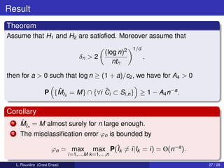 Result
Theorem
Assume that H1 and H2 are satisﬁed. Moreover assume that
                                                              1/d
                                                   (log n)2
                                      δn > 2                        ,
                                                      ntn

then for a > 0 such that log n ≥ (1 + a)/c2 , we have for A4 > 0

                        ˆr             ˆ
                     P {Mˆn = M} ∩ {∀i Ci ⊂ Si,n } ≥ 1 − A4 n−a .

Corollary
 1     ˆr
       Mˆn = M almost surely for n large enough.
 2     The misclassiﬁcation error ϕn is bounded by

                         ϕn = max            max P(ˆk = i|Ik = i) = O(n−a ).
                                                   I
                                 i=1,...,M k =1,...,n

     L. Rouvière (Crest Ensai)                                                 27 / 28
 
