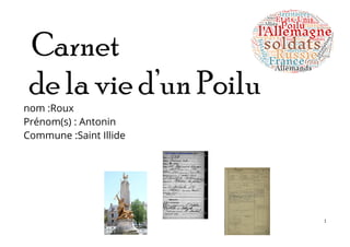 Carnet
de la vie d’un Poilu
nom :Roux
Prénom(s) : Antonin
Commune :Saint Illide
1
 