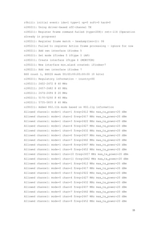 55
rfkill: initial event: idx=1 type=1 op=0 soft=0 hard=0
nl80211: Using driver-based off-channel TX
nl80211: Register frame command failed (type=208): ret=-114 (Operation
already in progress)
nl80211: Register frame match – hexdump(len=1): 06
nl80211: Failed to register Action frame processing – ignore for now
nl80211: Add own interface ifindex 5
nl80211: Set mode ifindex 5 iftype 3 (AP)
nl80211: Create interface iftype 6 (MONITOR)
nl80211: New interface mon.wlan4 created: ifindex=7
nl80211: Add own interface ifindex 7
BSS count 1, BSSID mask 00:00:00:00:00:00 (0 bits)
nl80211: Regulatory information – country=00
nl80211: 2402-2472 @ 40 MHz
nl80211: 2457-2482 @ 40 MHz
nl80211: 2474-2494 @ 20 MHz
nl80211: 5170-5250 @ 40 MHz
nl80211: 5735-5835 @ 40 MHz
nl80211: Added 802.11b mode based on 802.11g information
Allowed channel: mode=1 chan=1 freq=2412 MHz max_tx_power=20 dBm
Allowed channel: mode=1 chan=2 freq=2417 MHz max_tx_power=20 dBm
Allowed channel: mode=1 chan=3 freq=2422 MHz max_tx_power=20 dBm
Allowed channel: mode=1 chan=4 freq=2427 MHz max_tx_power=20 dBm
Allowed channel: mode=1 chan=5 freq=2432 MHz max_tx_power=20 dBm
Allowed channel: mode=1 chan=6 freq=2437 MHz max_tx_power=20 dBm
Allowed channel: mode=1 chan=7 freq=2442 MHz max_tx_power=20 dBm
Allowed channel: mode=1 chan=8 freq=2447 MHz max_tx_power=20 dBm
Allowed channel: mode=1 chan=9 freq=2452 MHz max_tx_power=20 dBm
Allowed channel: mode=1 chan=10 freq=2457 MHz max_tx_power=20 dBm
Allowed channel: mode=1 chan=11 freq=2462 MHz max_tx_power=20 dBm
Allowed channel: mode=0 chan=1 freq=2412 MHz max_tx_power=20 dBm
Allowed channel: mode=0 chan=2 freq=2417 MHz max_tx_power=20 dBm
Allowed channel: mode=0 chan=3 freq=2422 MHz max_tx_power=20 dBm
Allowed channel: mode=0 chan=4 freq=2427 MHz max_tx_power=20 dBm
Allowed channel: mode=0 chan=5 freq=2432 MHz max_tx_power=20 dBm
Allowed channel: mode=0 chan=6 freq=2437 MHz max_tx_power=20 dBm
Allowed channel: mode=0 chan=7 freq=2442 MHz max_tx_power=20 dBm
Allowed channel: mode=0 chan=8 freq=2447 MHz max_tx_power=20 dBm
Allowed channel: mode=0 chan=9 freq=2452 MHz max_tx_power=20 dBm
 