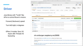 Driver
Java library with “Turtle” like
APIs to control Rover’s motors:
Forward, Backward, speed
Turn left/right, in degrees
Offers 3 modes: Sync VS
Async (BG Thread) VS
Queueing
 