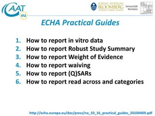ECHA Practical Guides 
1. How to report in vitro data 
2. How to report Robust Study Summary 
3. How to report Weight of Evidence 
4. How to report waiving 
5. How to report (Q)SARs 
6. How to report read across and categories 
http://echa.europa.eu/doc/press/na_10_16_practical_guides_20100409.pdf 
 