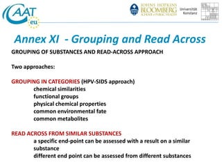 Annex XI - Grouping and Read Across 
GROUPING OF SUBSTANCES AND READ-ACROSS APPROACH 
Two approaches: 
GROUPING IN CATEGORIES (HPV-SIDS approach) 
chemical similarities 
functional groups 
physical chemical properties 
common environmental fate 
common metabolites 
READ ACROSS FROM SIMILAR SUBSTANCES 
a specific end-point can be assessed with a result on a similar 
substance 
different end point can be assessed from different substances 
 
