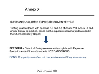 Annex XI 
SUBSTANCE-TAILORED EXPOSURE-DRIVEN TESTING 
Testing in accordance with sections 8.6 and 8.7 of Annex VIII, Annex IX and 
Annex X may be omitted, based on the exposure scenario(s) developed in 
the Chemical Safety Report 
PERFORM a Chemical Safety Assessment complete with Exposure 
Scenarios even if the substance is NOT DANGEROUS 
CONS: Companies are often not cooperative even if they save money 
Pavia – 7 maggio 2011 
 