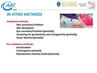 IN VITRO METHODS 
Validated methods: 
Skin corrosion/irritation 
Skin absorption 
Eye corrosion/irritation (partially) 
Screening for genotoxicity and mutagenicity (partially) 
Acute Toxicity (partially) 
Pre-validation methods: 
Sensitisation 
Carcinogenic potential 
Reproductive toxicity (embryotoxicity) 
 