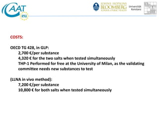 COSTS: 
OECD TG 428, in GLP: 
2,700 €/per substance 
4,320 € for the two salts when tested simultaneously 
THP-1 Performed for free at the University of Milan, as the validating 
committee needs new substances to test 
(LLNA in vivo method): 
7,200 €/per substance 
10,800 € for both salts when tested simultaneously 
 