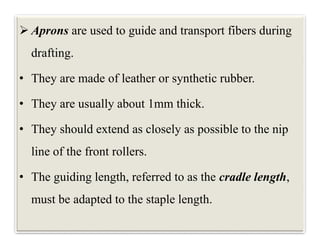  Aprons are used to guide and transport fibers during
drafting.
• They are made of leather or synthetic rubber.
• They are usually about 1mm thick.
• They should extend as closely as possible to the nip
line of the front rollers.
• The guiding length, referred to as the cradle length,
must be adapted to the staple length.
 