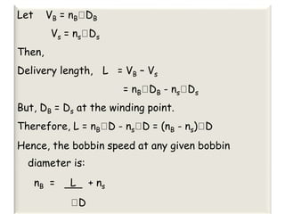 Let VB = nB DB
Vs = ns Ds
Then,
Delivery length, L = VB – Vs
= nB DB - ns Ds
But, DB = Ds at the winding point.
Therefore, L = nB D - ns D = (nB - ns) D
Hence, the bobbin speed at any given bobbin
diameter is:
nB = L + ns
D
 