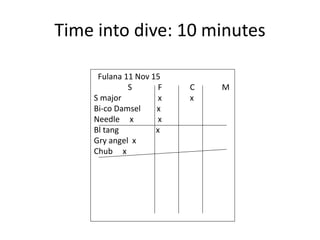 Time into dive: 10 minutes
Fulana 11 Nov 15
S F C M
S major x x
Bi-co Damsel x
Needle x x
Bl tang x
Gry angel x
Chub x
 