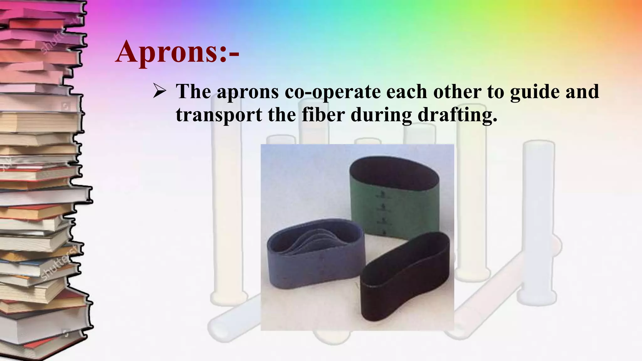 Aprons:-
 The aprons co-operate each other to guide and
transport the fiber during drafting.
 