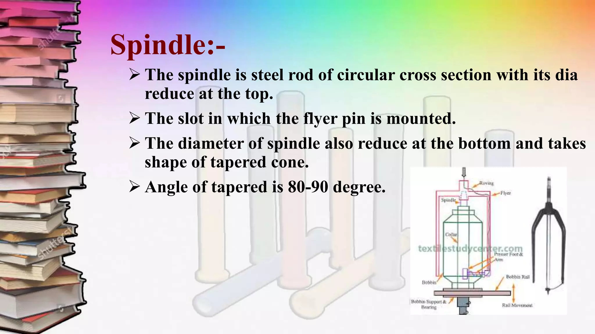 Spindle:-
 The spindle is steel rod of circular cross section with its dia
reduce at the top.
 The slot in which the flyer pin is mounted.
 The diameter of spindle also reduce at the bottom and takes
shape of tapered cone.
 Angle of tapered is 80-90 degree.
 