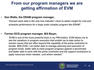 From our program managers we are
              getting affirmation of EVM

• Dan Watts, the ERAM program manager,
      “Earned value data is the only true indicator I have to obtain insight for cost and
      schedule performance for a large scale complex program like ERAM”.


• Former ECG program manager, Bill Boyer,
      “EVM is one of the more powerful tools in my PM toolbox. EVM allows me to
      see the variations in program execution that enable me to take action to
      resolve issues that are often beyond the capability of the prime contractor to
      handle. With EVM, I am better able to manage planning and execution of
      program funds, better able to track program progress against a benchmark,
      and better able to work with the prime contractor and the support contractors to
      apply resources when needed...and where needed.”



   Improving Program Performance at FAA                         Federal Aviation   18   18
                                                                Administration
 