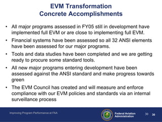 EVM Transformation
                       Concrete Accomplishments
• All major programs assessed in FY05 still in development have
  implemented full EVM or are close to implementing full EVM.
• Financial systems have been assessed so all 32 ANSI elements
  have been assessed for our major programs.
• Tools and data studies have been completed and we are getting
  ready to procure some standard tools.
• All new major programs entering development have been
  assessed against the ANSI standard and make progress towards
  green
• The EVM Council has created and will measure and enforce
  compliance with our EVM policies and standards via an internal
  surveillance process

 Improving Program Performance at FAA           Federal Aviation   30   30
                                                Administration
 