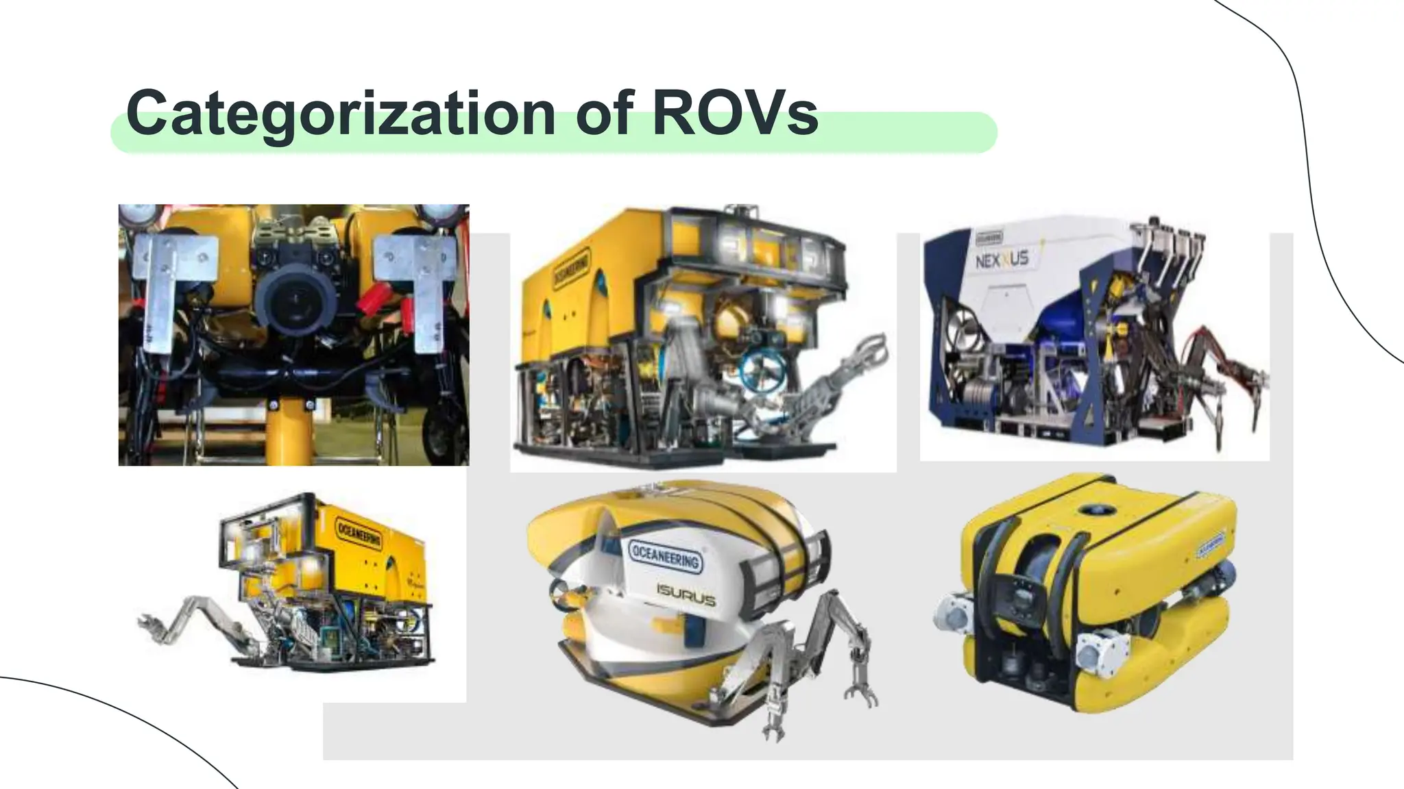 Intervenes faster, keep
production online more
effectively, reduces your
carbon footprint
Resident
Categorization of ROVs
General
These are specially built
to aid in light survey
tasks as these usually
bear a sonar unit.
Heavy Work Class
From deep water depths to
extreme lifting requirements,
increase efficiency and
decrease downtime
Trenching-Burial
Offers a 200-500 HP
range and can be utilized
till 6000 meters
Light Work Class
Reduces the
environmental impact of
work class ROVs
Observation
Enables reliable
completion of subsea
survey operations
 