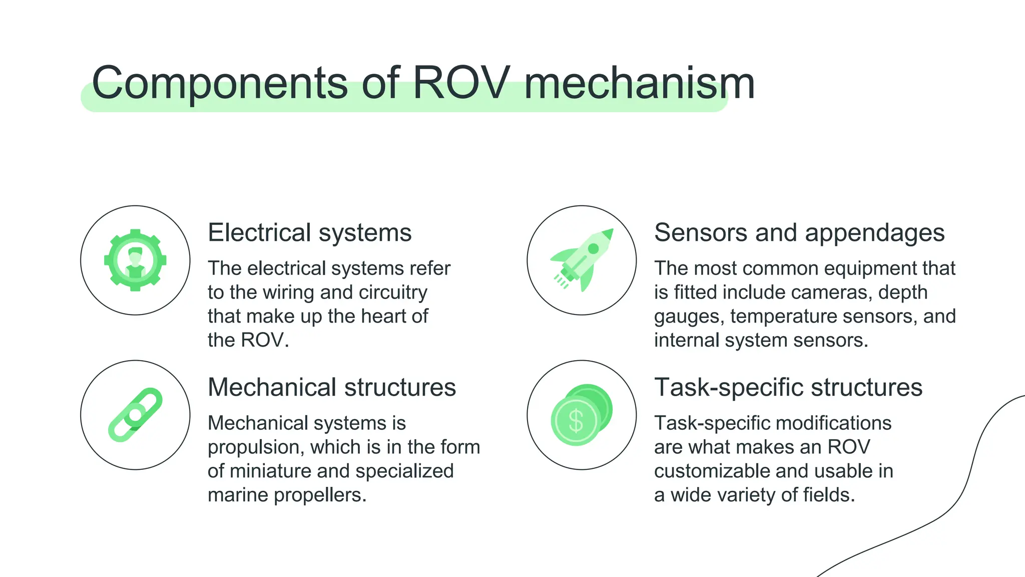 Electrical systems
Mechanical structures
Mechanical systems is
propulsion, which is in the form
of miniature and specialized
marine propellers.
The electrical systems refer
to the wiring and circuitry
that make up the heart of
the ROV.
Components of ROV mechanism
Sensors and appendages
The most common equipment that
is fitted include cameras, depth
gauges, temperature sensors, and
internal system sensors.
Task-specific structures
Task-specific modifications
are what makes an ROV
customizable and usable in
a wide variety of fields.
 
