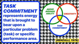 (RENZULLI, 1978)
TASK
COMMITMENT
represents energy
that is brought to
bear upon a
particular problem
(task) or specific
performance area.
TASK
COMMITMENT
CREATIVITY
ABOVE
AVERAGE
ABILITY
 