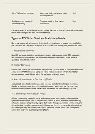 High TDS reading on meter Membrane fouling or bypass valve
misconfiguration
High
Purifier running constantly
without stopping
Pressure switch or float switch
malfunction
High
If you notice two or more of these signs together, it is best to book an inspection immediately
rather than waiting for the next scheduled service.
Types of RO Water Services Available in Noida
Not every service call is the same. Understanding the category of service you need helps
you communicate clearly with any provider and avoid unnecessary charges or repeat visits.
1. Installation Services
New RO unit setup, including plumbing connection, wall mounting, initial TDS calibration,
and demonstration of controls. Recommended whenever moving into a new home or
upgrading an outdated purifier.
2. Repair Services
On-call fixes for leakage, motor failure, low pressure, unusual noise, or complete breakdown.
A responsive RO Maintenance Company Noida homeowners can rely on should offer
prompt doorstep repair, ideally within the same day for urgent cases.
3. Annual Maintenance Contracts (AMC)
A structured, scheduled maintenance plan covering periodic filter changes, membrane
checks, and priority repair support throughout the year. AMC plans are the most cost-
effective way to prevent sudden breakdowns and extend the lifespan of your purifier.
4. Commercial RO Plants in Noida
Offices, restaurants, hospitals, gyms, and manufacturing units require higher-capacity
systems than residential units. Commercial RO Plants in Noida need specialised servicing
schedules because of significantly higher daily water throughput, multiple outlet points, and
stricter hygiene compliance requirements. Regular servicing for commercial setups typically
includes higher-frequency membrane checks, pressure system audits, and storage tank
sanitisation tailored to business operating hours.
 