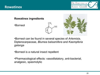 Rowatinex
Rowatinex ingredients
•Borneol
•Borneol can be found in several species of Artemisia,
Dipterocarpaceae, Blumea balsamifera and Kaempferia
galanga
•Borneol is a natural insect repellent
•Pharmacological effects: vasodilatatory, anti-bacterial,
analgesic, spasmolytic
20
 