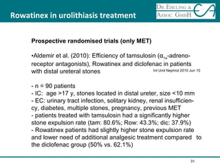 Rowatinex in urolithiasis treatment
Prospective randomised trials (only MET)
•Aldemir et al. (2010): Efficiency of tamsulosin (α1a-adreno-
receptor antagonists), Rowatinex and diclofenac in patients
with distal ureteral stones
- n = 90 patients
- IC: age >17 y, stones located in distal ureter, size <10 mm
- EC: urinary tract infection, solitary kidney, renal insufficien-
cy, diabetes, multiple stones, pregnancy, previous MET
- patients treated with tamsulosin had a significantly higher
stone expulsion rate (tam: 80.6%; Row: 43.3%; dic: 37.9%)
- Rowatinex patients had slightly higher stone expulsion rate
and lower need of additional analgesic treatment compared to
the diclofenac group (50% vs. 62.1%)
31
Int Urol Nephrol 2010 Jun 10
 