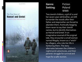 Genre:		FictionSetting:	Poland	WWIITwo Jewish children, a girl of 11 and her seven-year-old brother, are left to wander the woods after their father and stepmother are forced to abandon them, frantically begging them never to say their Jewish names, but to identify themselves as Hansel and Gretel. In an imaginative reversal of the original tale, they encounter a small woman named Magda, known as a "witch" by villagers, who risks her life in harboring them. The story alternates between the children's nightmarish adventures, and their parents' struggle for survival and hope for a safe reunion.