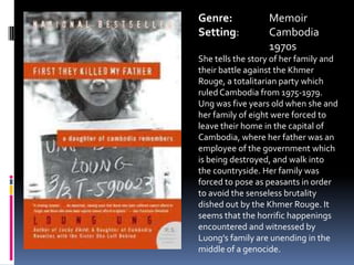Genre:		MemoirSetting:	Cambodia		1970sShe tells the story of her family and their battle against the Khmer Rouge, a totalitarian party which ruled Cambodia from 1975-1979. Ung was five years old when she and her family of eight were forced to leave their home in the capital of Cambodia, where her father was an employee of the government which is being destroyed, and walk into the countryside. Her family was forced to pose as peasants in order to avoid the senseless brutality dished out by the Khmer Rouge. It seems that the horrific happenings encountered and witnessed by Luong's family are unending in the middle of a genocide. 