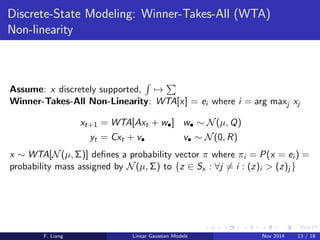 = CT (CCT + R)1 
Learning: R must be constrained to avoid degenerate solution. . . 
F. Liang Linear Gaussian Models Nov 2014 9 / 18 
 