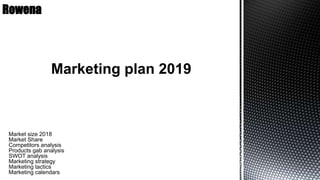 Marketing plan 2019
Market size 2018
Market Share
Competitors analysis
Products gab analysis
SWOT analysis
Marketing strategy
Marketing tactics
Marketing calendars
Rowena
 
