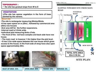 TOPOGRAPHY :
 the site has gradual slope from W to E
VEGETATION
The site has sparse vegetation in the form of trees
planted by the owners.
SLOPING TOWARDS SITE FROM MAIN
ROAD
SITE PLAN
About site
•The site is rectangular measuring 60mtsx50mts.
•It has open space on w (20m) , followed by commercial area
(26m) row houses
•And area left for the further expansions.
•Internal road is 5.2mts wide.
•Individual plot measuring 8mts x7mts.
• The front of the rod have complex and back side have row
house.
• The main road is however 1.5m higher than the plot level.
• It has 5.2m wide space between the row house which gives
access to the house. In the front side of shop have also open
space approximately 20m.
TOTAL SITE AREA
65m X 56.5m
BUILT UP AREA 55% OPEN AREA 25% ROADS 15% SERVICES 5%
OPEN AREA
OPEN AREA
ROW HOUSE
INTERNAL
ROAD
ROAD
SETBACK
 