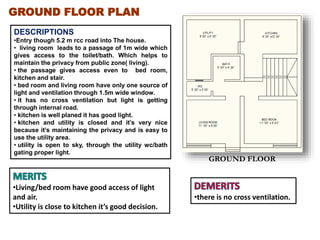 GROUND FLOOR PLAN
GROUND FLOOR
DESCRIPTIONS
•Entry though 5.2 m rcc road into The house.
• living room leads to a passage of 1m wide which
gives access to the toilet/bath. Which helps to
maintain the privacy from public zone( living).
• the passage gives access even to bed room,
kitchen and stair.
• bed room and living room have only one source of
light and ventilation through 1.5m wide window.
• it has no cross ventilation but light is getting
through internal road.
• kitchen is well planed it has good light.
• kitchen and utility is closed and it’s very nice
because it’s maintaining the privacy and is easy to
use the utility area.
• utility is open to sky, through the utility wc/bath
gating proper light.
•Living/bed room have good access of light
and air.
•Utility is close to kitchen it’s good decision.
•there is no cross ventilation.
 