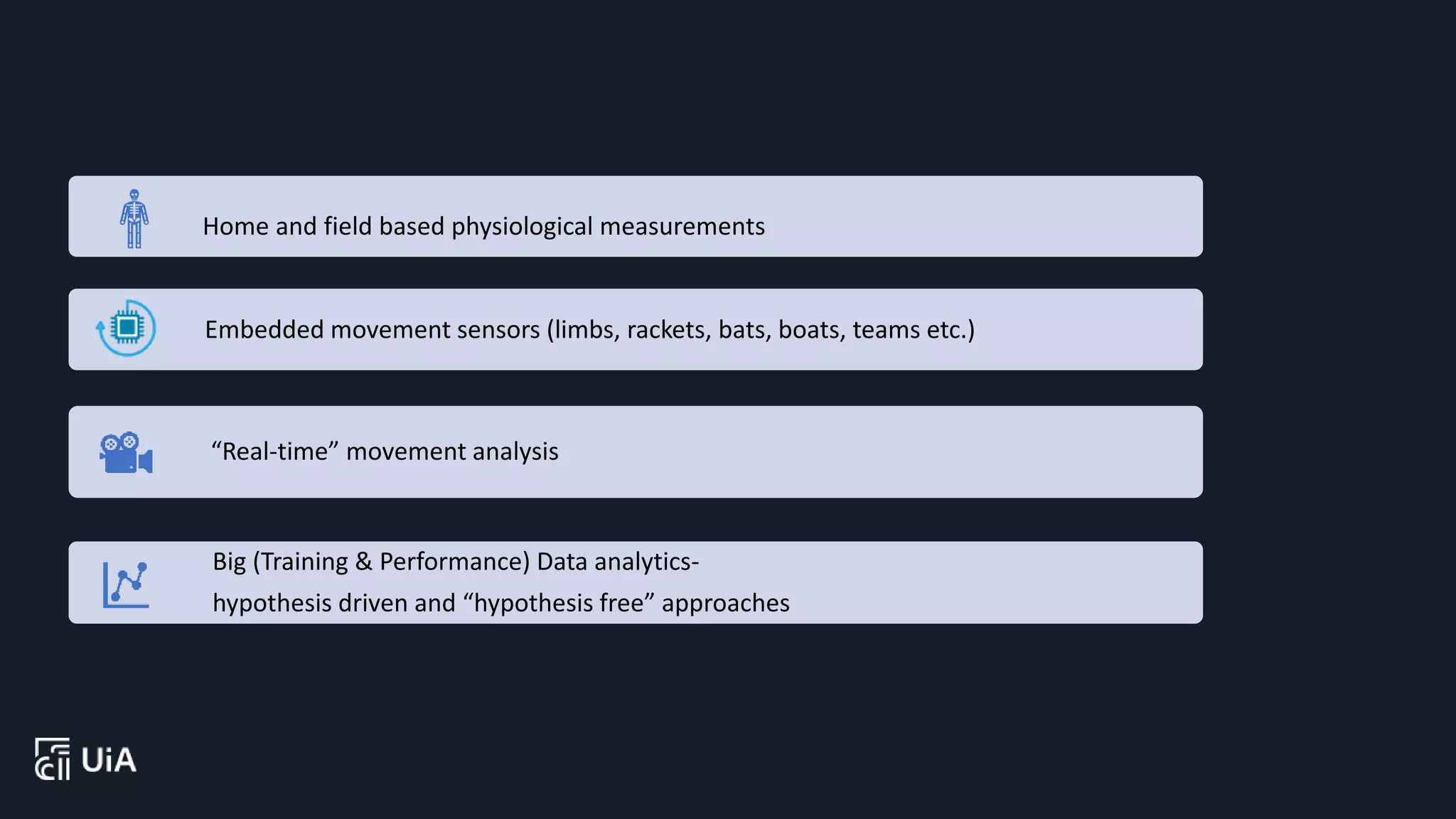 Embedded movement sensors (limbs, rackets, bats, boats, teams etc.)
“Real-time” movement analysis
Big (Training & Performance) Data analytics-
hypothesis driven and “hypothesis free” approaches
Home and field based physiological measurements
 