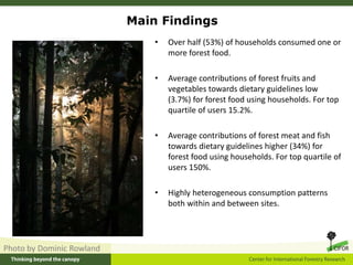 • Over half (53%) of households consumed one or
more forest food.
• Average contributions of forest fruits and
vegetables ...