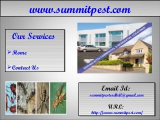 www.summitpest.comwww.summitpest.com
Our Services
Home
Contact Us
Our Services
Home
Contact Us
Email Id:
summitpestrodbell@gmail.com
URL:
http://www.summitpest.com/
Email Id:
summitpestrodbell@gmail.com
URL:
http://www.summitpest.com/
 