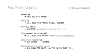 Endless possibilitesRow Pattern Matching
GROUP	BY 
			➡	ONE	ROW	PER	MATCH
OVER	() 
			➡	ALL	ROWS	PER	MATCH,	FINAL,	RUNNING...