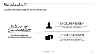 17
Messbarkeit!
Unsere Kennzahl: Return on Conversation.
 