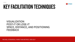MICHAEL STEINGRESS / MORE THAN METRICS / ROX 2017
KEYFACILITATIONTECHNIQUES
VISUALIZATION
POST-IT OR LOSE-IT
SPACE, DISTANCE, AND POSITIONING
FEEDBACK
 