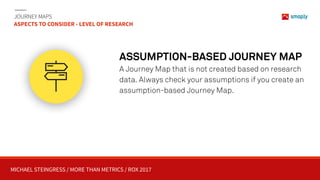 MICHAEL STEINGRESS / MORE THAN METRICS / ROX 2017
JOURNEY MAPS 
ASPECTS TO CONSIDER - LEVEL OF RESEARCH
ASSUMPTION-BASED JOURNEY MAP
A Journey Map that is not created based on research
data. Always check your assumptions if you create an
assumption-based Journey Map.
 