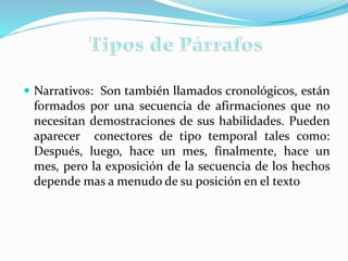  Narrativos: Son también llamados cronológicos, están
formados por una secuencia de afirmaciones que no
necesitan demostraciones de sus habilidades. Pueden
aparecer conectores de tipo temporal tales como:
Después, luego, hace un mes, finalmente, hace un
mes, pero la exposición de la secuencia de los hechos
depende mas a menudo de su posición en el texto
 