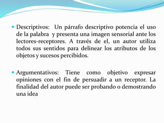  Descriptivos: Un párrafo descriptivo potencia el uso
de la palabra y presenta una imagen sensorial ante los
lectores-receptores. A través de el, un autor utiliza
todos sus sentidos para delinear los atributos de los
objetos y sucesos percibidos.
 Argumentativos: Tiene como objetivo expresar
opiniones con el fin de persuadir a un receptor. La
finalidad del autor puede ser probando o demostrando
una idea
 