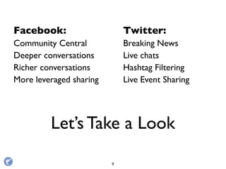 Let’s Take a Look
Facebook:
Community Central
Deeper conversations
Richer conversations
More leveraged sharing
Twitter:
Breaking News
Live chats
Hashtag Filtering
Live Event Sharing
9
 