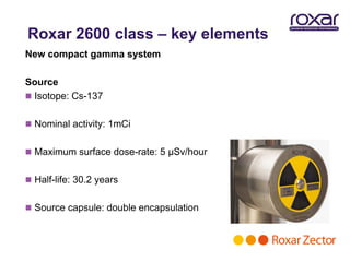 Roxar 2600 class – key elements
New compact gamma system

Source
 Isotope: Cs-137


 Nominal activity: 1mCi


 Maximum surface dose-rate: 5 µSv/hour


 Half-life: 30.2 years


 Source capsule: double encapsulation
 