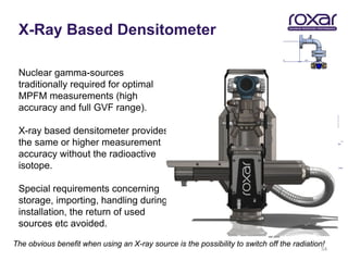 X-Ray Based Densitometer

 Nuclear gamma-sources
 traditionally required for optimal
 MPFM measurements (high
 accuracy and full GVF range).

 X-ray based densitometer provides
 the same or higher measurement
 accuracy without the radioactive
 isotope.
                                                                102


                                                                100
 Special requirements concerning                                98

 storage, importing, handling during
                                                          GVF
                                                                96                                   MPFM
                                                                                                     FluorX
 installation, the return of used                               94                                   NEL ref



 sources etc avoided.                                           92


                                                                90
                                                                      0   5   10       15       20     25           30
                                                                                   Test point


The obvious benefit when using an X-ray source is the possibility to switch off the radiation!
                                                                                                               54
 