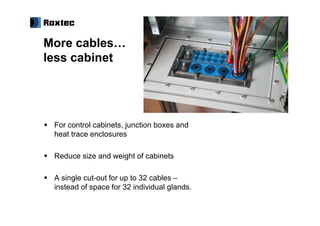 More cables…
less cabinet




 For control cabinets, junction boxes and
 heat trace enclosures

 Reduce size and weight of cabinets

 A single cut-out for up to 32 cables –
 instead of space for 32 individual glands.
 