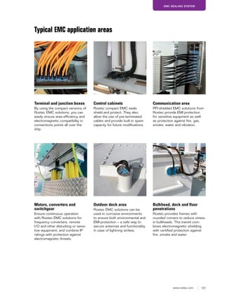 107www.roxtec.com
EMC SEALING SYSTEM
Typical EMC application areas
Terminal and junction boxes
By using the compact versions of
Roxtec EMC solutions, you can
easily ensure area efficiency and
electromagnetic compatibility in
connections points all over the
ship.
Control cabinets
Roxtec compact EMC seals
shield and protect. They also
allow the use of pre-terminated
cables and provide built-in spare
capacity for future modifications.
Communication area
RFI-shielded EMC solutions from
Roxtec provide EMI protection
for sensitive equipment as well
as protection against fire, gas,
smoke, water and vibration.
Motors, converters and
switchgear
Ensure continuous operation
with Roxtec EMC solutions for
frequency converters, remote
I/O and other disturbing or sensi-
tive equipment, and combine IP
ratings with protection against
electromagnetic threats.
Outdoor deck area
Roxtec EMC solutions can be
used in corrosive environments
to ensure both environmental and
EMI protection – a safe way to
secure antennas and functionality
in case of lightning strikes.
Bulkhead, deck and floor
penetrations
Roxtec provides frames with
rounded corners to reduce stress
in bulkheads. This transit com-
bines electromagnetic shielding
with certified protection against
fire, smoke and water.
 