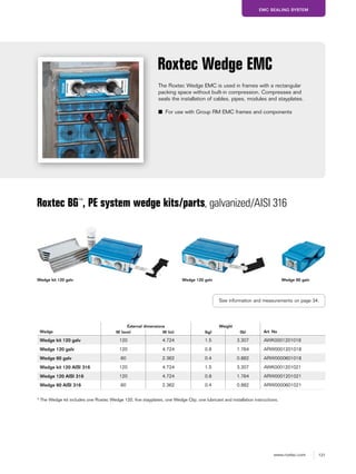 121www.roxtec.com
EMC SEALING SYSTEM
The Roxtec Wedge EMC is used in frames with a rectangular
packing space without built-in compression. Compresses and
seals the installation of cables, pipes, modules and stayplates.
■ For use with Group RM EMC frames and components
Roxtec Wedge EMC
Wedge
External dimensions Weight
Art. NoW (mm) W (in) (kg) (lb)
Wedge kit 120 galv 120 4.724 1.5 3.307 AWK0001201018
Wedge 120 galv 120 4.724 0.8 1.764 ARW0001201018
Wedge 60 galv 60 2.362 0.4 0.882 ARW0000601018
Wedge kit 120 AISI 316 120 4.724 1.5 3.307 AWK0001201021
Wedge 120 AISI 316 120 4.724 0.8 1.764 ARW0001201021
Wedge 60 AISI 316 60 2.362 0.4 0.882 ARW0000601021
Roxtec BG™
, PE system wedge kits/parts, galvanized/AISI 316
* The Wedge kit includes one Roxtec Wedge 120, five stayplates, one Wedge Clip, one lubricant and installation instructions.
See information and measurements on page 34.
Wedge kit 120 galv Wedge 120 galv Wedge 60 galv
 