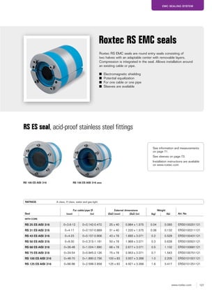 127www.roxtec.com
EMC SEALING SYSTEM
RS ES seal, acid-proof stainless steel fittings
Roxtec RS EMC seals are round entry seals consisting of
two halves with an adaptable center with removable layers.
Compression is integrated in the seal. Allows installation around
an existing cable or pipe.
■ Electromagnetic shielding
■ Potential equalization
■ For one cable or one pipe
■ Sleeves are available
Roxtec RS EMC seals
RS 100 ES AISI 316 wocRS 100 ES AISI 316
RATINGS A class, H class, water and gas-tight
Seal
For cable/pipe Ø External dimensions Weight
Art. No(mm) (in) ØxD (mm) ØxD (in) (kg) (lb)
WITH CORE
RS 25 ES AISI 316 0+3.6-12 0+0.142-0.472 25 x 40 0.984 x 1.575 0.04 0.093 ERS0100251121
RS 31 ES AISI 316 0+4-17 0+0.157-0.669 31 x 40 1.220 x 1.575 0.06 0.132 ERS0100311121
RS 43 ES AISI 316 0+4-23 0+0.157-0.906 43 x 78 1.693 x 3.071 0.2 0.529 ERS0100431121
RS 50 ES AISI 316 0+8-30 0+0.315-1.181 50 x 78 1.969 x 3.071 0.3 0.639 ERS0100501121
RS 68 ES AISI 316 0+26-48 0+1.024-1.890 68 x 78 2.677 x 3.071 0.5 1.102 ERS0100681121
RS 75 ES AISI 316 0+24-54 0+0.945-2.126 75 x 78 2.953 x 3.071 0.7 1.543 ERS0100751121
RS 100 ES AISI 316 0+48-70 0+1.890-2.756 100 x 83 3.937 x 3.268 1.0 2.205 ERS0101001121
RS 125 ES AISI 316 0+66-98 0+2.598-3.858 125 x 83 4.921 x 3.268 1.6 3.417 ERS0101251121
See information and measurements
on page 71.
See sleeves on page 73.
Installation instructions are available
on www.roxtec.com
 